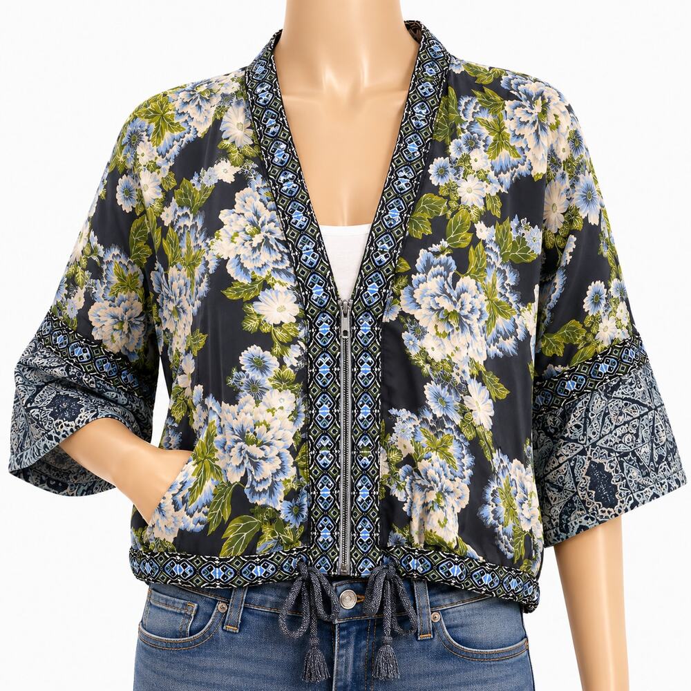 Free People Floral Zip Front Kimono Jacket Womens M/L Blue Gray Boho Pocketed